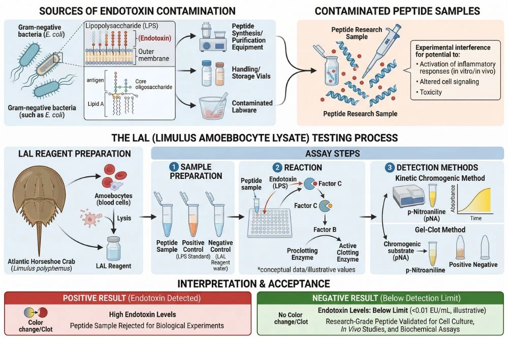 Laboratory diagram showing endotoxin lipopolysaccharide contamination in peptide research samples and the LAL limulus amoebocyte lysate assay testing process used to detect bacterial endotoxin levels