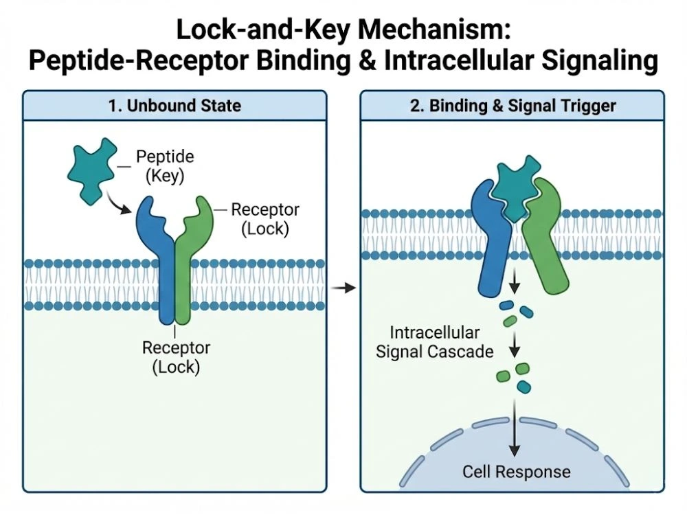 A scientific diagram illustrating the lock-and-key mechanism where a peptide binds to a cell receptor to trigger an intracellular signal.
