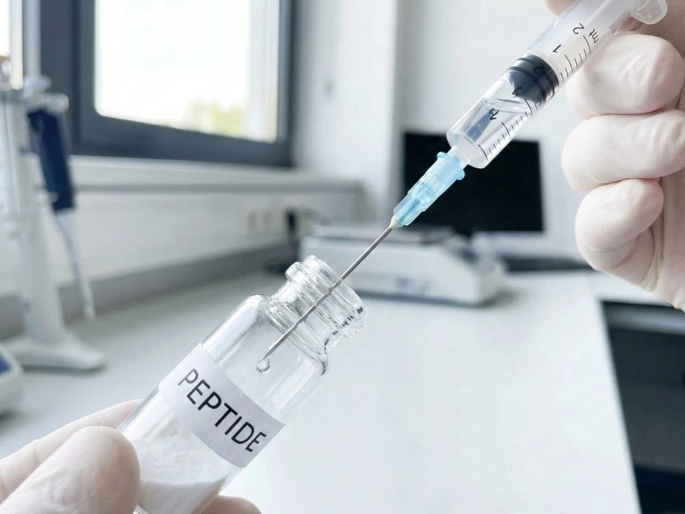 A close-up view of a needle adding liquid to a peptide vial at a 45-degree angle to prevent molecular damage.
