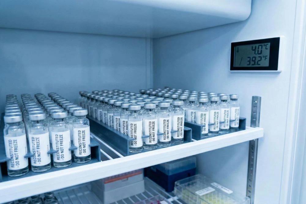 Reconstituted peptide vials stored neatly in a temperature-controlled refrigerator to prevent molecular degradation.