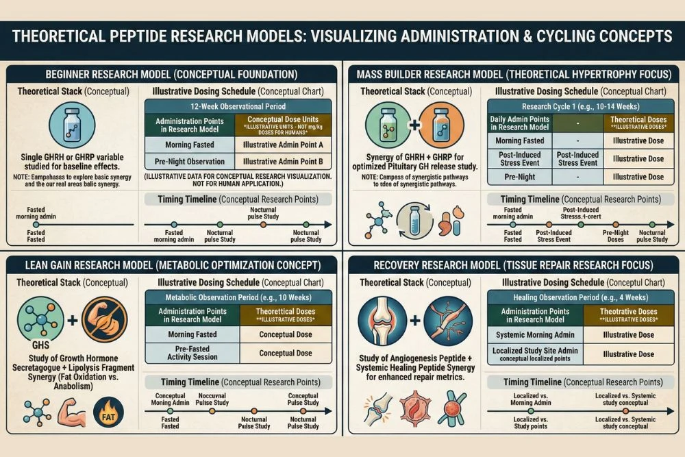 Visual guide showing four advanced peptide stacking protocols for muscle growth including the Mass Builder stack, Recovery stack, Lean Gain stack, and Beginner stack with detailed dosing schedules and timing charts.