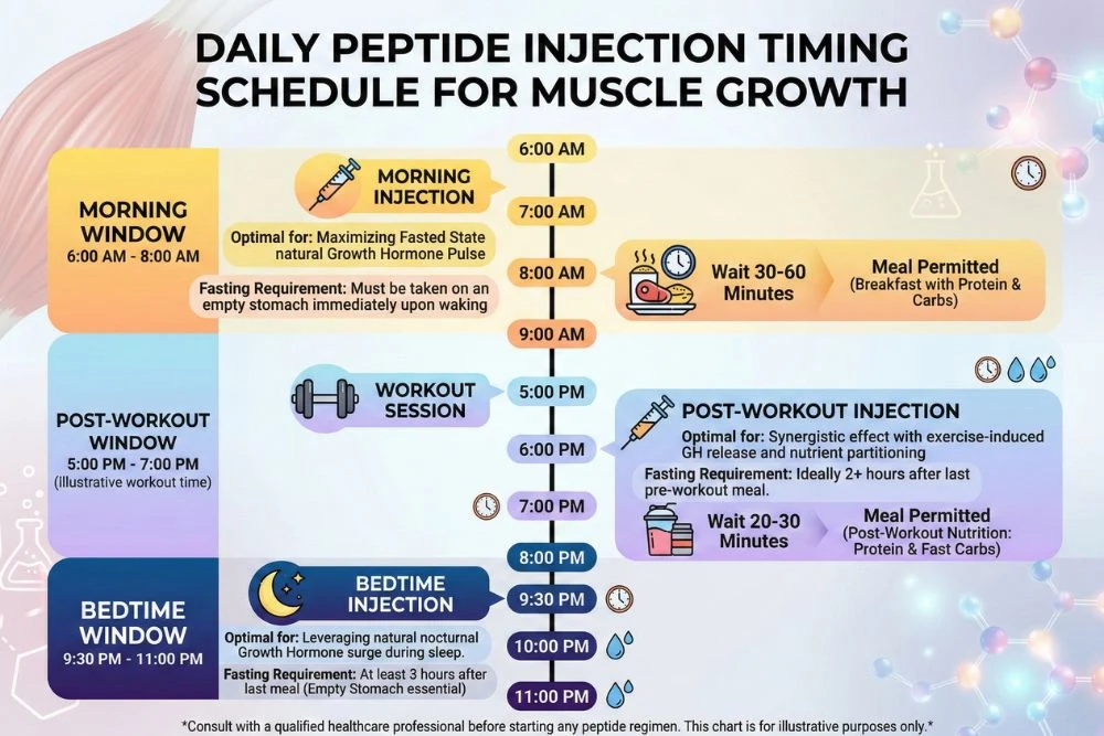 Daily injection timing schedule for peptides for muscle growth showing optimal morning, post-workout, and bedtime injection windows with fasting requirements and meal timing for maximum muscle-building effectiveness.