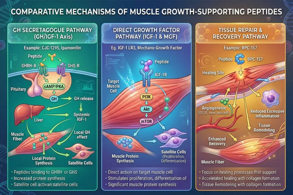 Side-by-side comparison chart showing how different peptides for muscle growth work through GH secretagogue pathway, direct growth factor pathway, and tissue repair pathway with molecular mechanisms illustrated.