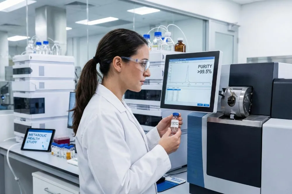 A modern researcher in a controlled laboratory setting verifying the purity of research compounds for a study on metabolic health.