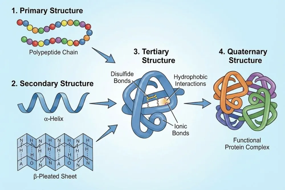A visual breakdown of protein structure levels, showing the progression from a linear polypeptide chain to a folded, functional protein.
