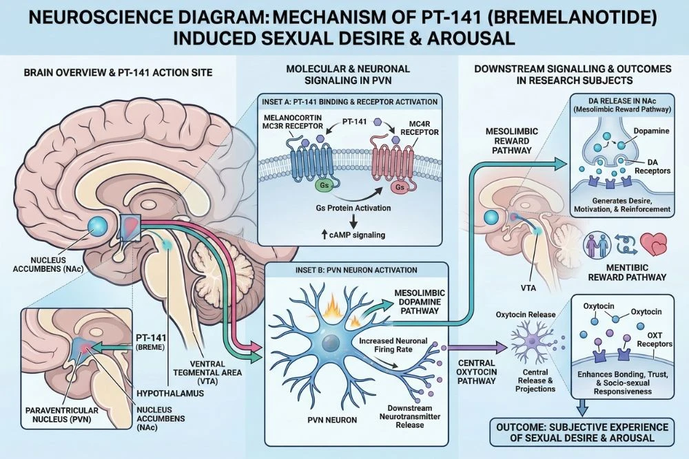 Neuroscience diagram showing how PT-141 bremelanotide activates MC3R and MC4R melanocortin receptors in the hypothalamic paraventricular nucleus to trigger dopamine release in the mesolimbic reward pathway and oxytocin release, generating the subjective experience of sexual desire and arousal in research subjects.