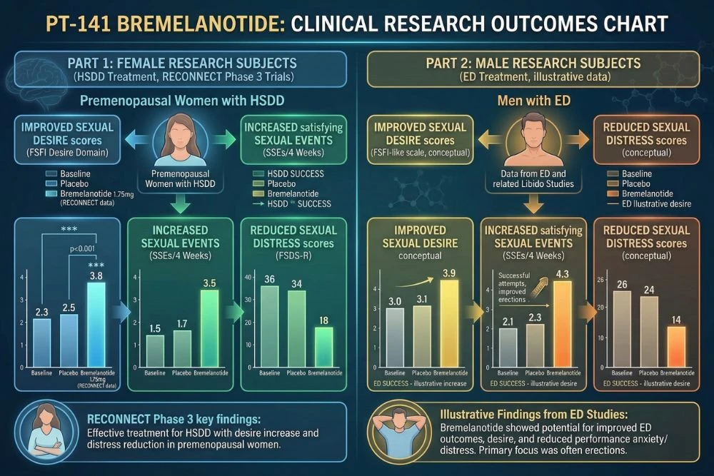 Clinical research outcomes chart for PT-141 bremelanotide showing improvements in sexual desire scores, satisfying sexual events, and distress reduction in both male and female research subjects, with comparison data from the RECONNECT Phase 3 trials for HSDD treatment and erectile dysfunction studies.