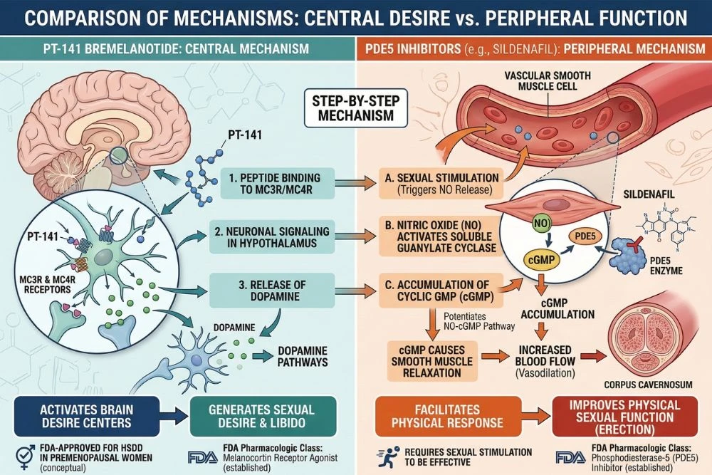 Comparison diagram showing the mechanism of PT-141 bremelanotide acting centrally through MC3R and MC4R receptors in the hypothalamus to release dopamine and generate sexual desire versus PDE5 inhibitors like sildenafil acting peripherally on blood vessel smooth muscle to improve physical sexual function.