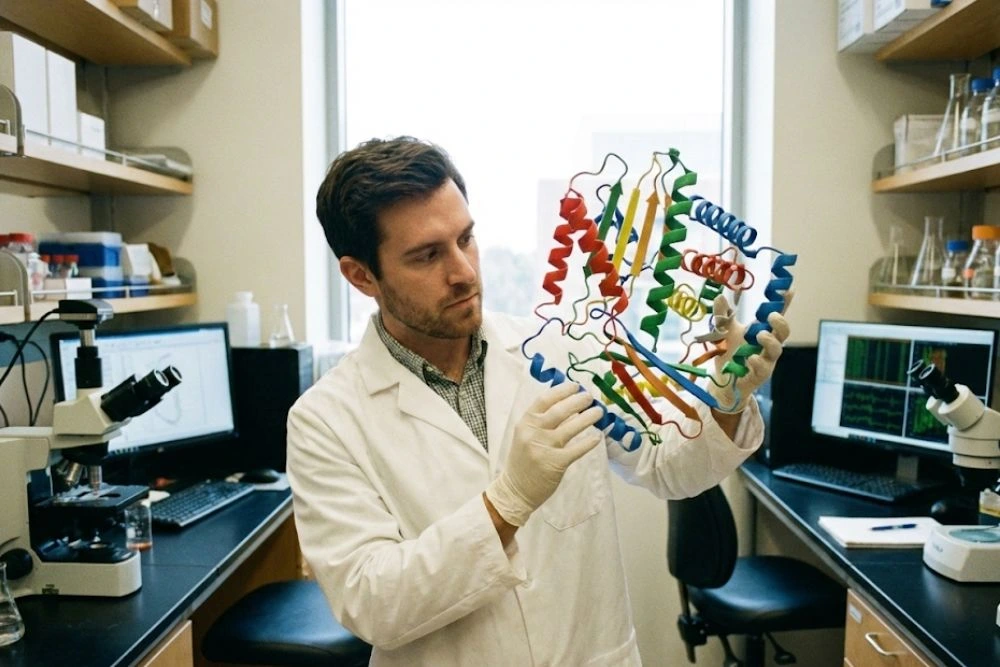 A scientist in a laboratory setting examining a complex molecular model of a folded polypeptide structure.