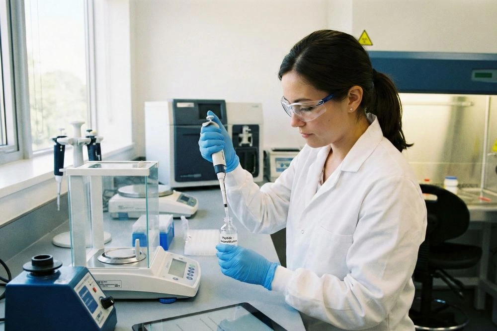 A researcher in a laboratory environment using precise equipment to ensure accurate peptide reconstitution.