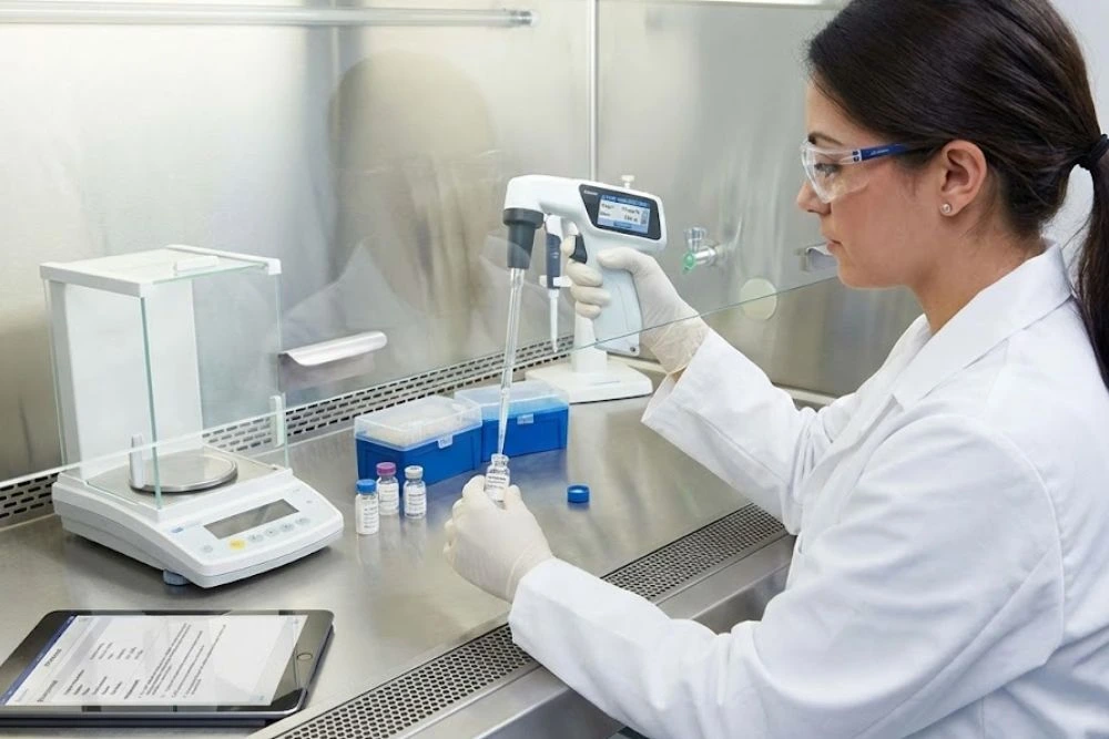 A researcher in a controlled environment using a digital tool to ensure accurate peptide reconstitution and dosage.