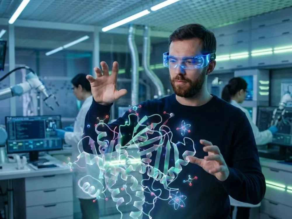 A researcher wearing augmented reality glasses analyzing a complex 3D holographic model of a peptide protein structure in a high-tech lab.