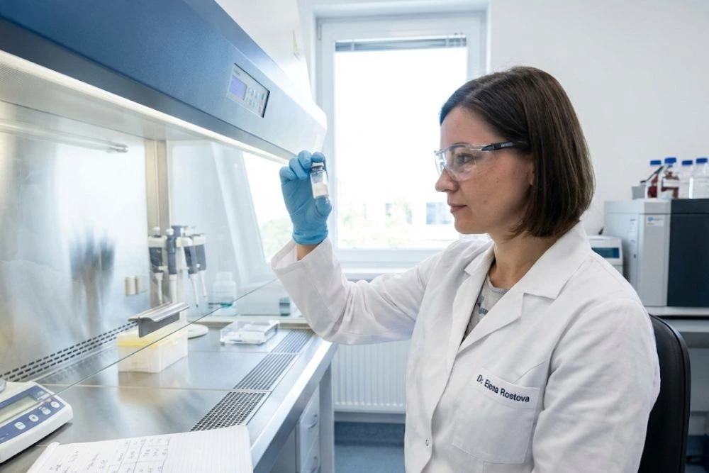 A researcher in a white lab coat inspecting a vial of lyophilized peptide powder in a sterile laboratory setting.
