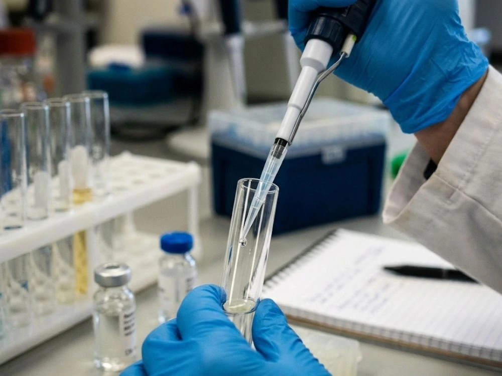 A close-up of a researcher using a pipette to transfer a clear liquid solution into a test tube in a laboratory environment.
