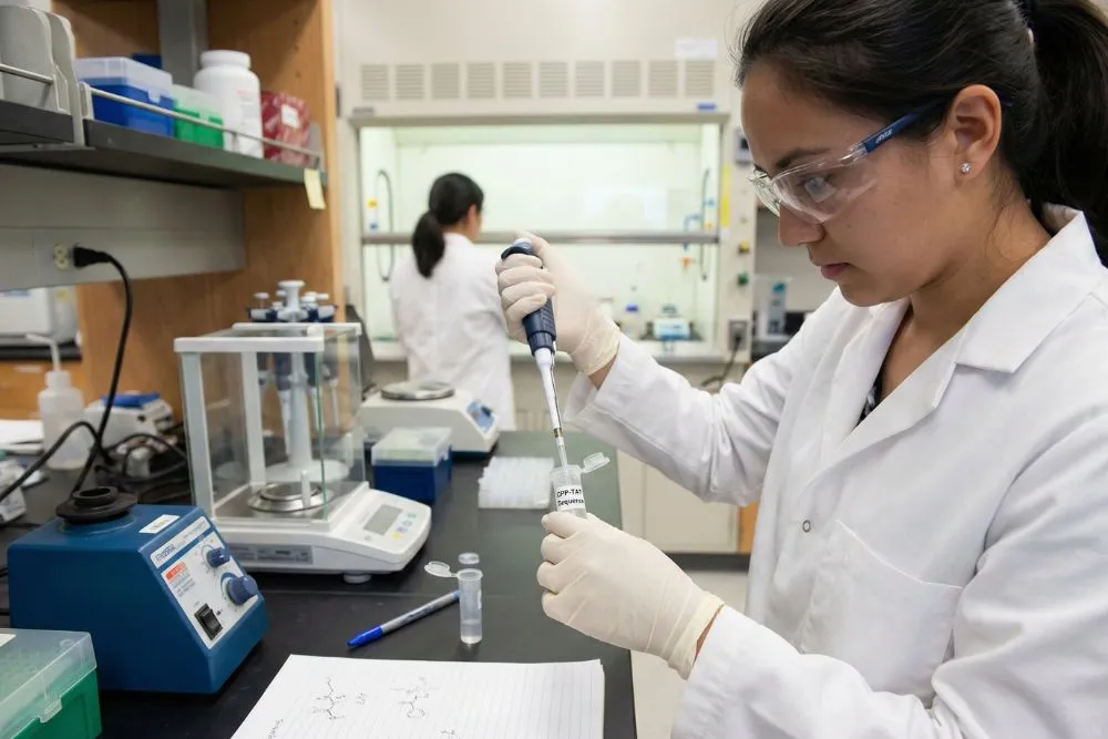 A laboratory professional preparing a cell-penetrating peptide sequence for a molecular delivery study.