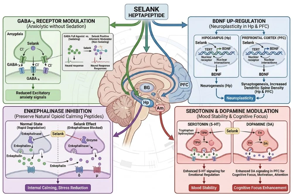 Multi-pathway brain mechanism diagram for selank heptapeptide showing simultaneous modulation of GABA-A receptors for anxiolytic effect without sedation, BDNF upregulation in the hippocampus and prefrontal cortex for neuroplasticity, enkephalinase inhibition to preserve natural opioid calming peptides, and serotonin plus dopamine modulation for mood stability and cognitive focus enhancement.