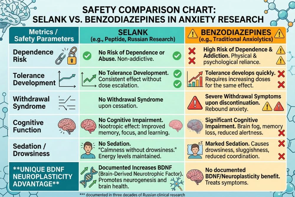 Safety comparison chart for selank versus benzodiazepines in anxiety research showing selank's absence of dependence risk, tolerance development, withdrawal syndrome, cognitive impairment, and sedation compared to classical benzodiazepine anxiolytics, alongside selank's unique BDNF neuroplasticity advantage documented in three decades of Russian clinical research.