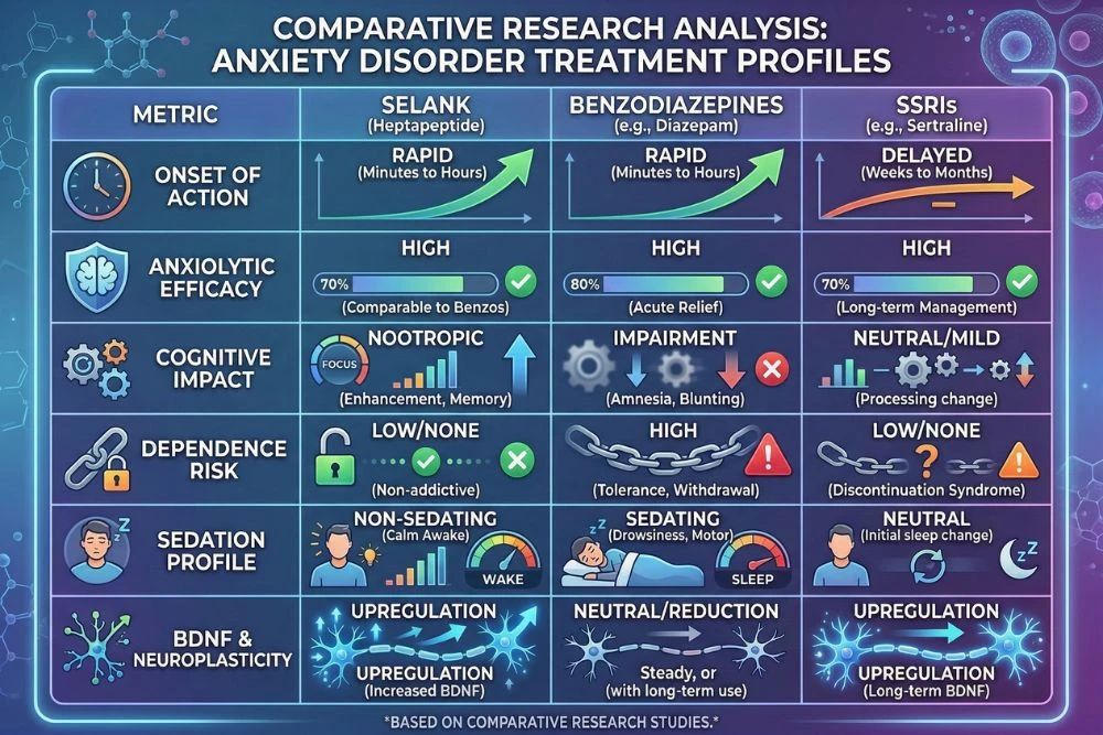 Research comparison chart contrasting selank heptapeptide with benzodiazepines and SSRIs across key metrics including onset of action, anxiolytic efficacy, cognitive impact (impairment versus enhancement), dependence risk, sedation profile, and BDNF neuroplasticity effects in anxiety disorder research studies.