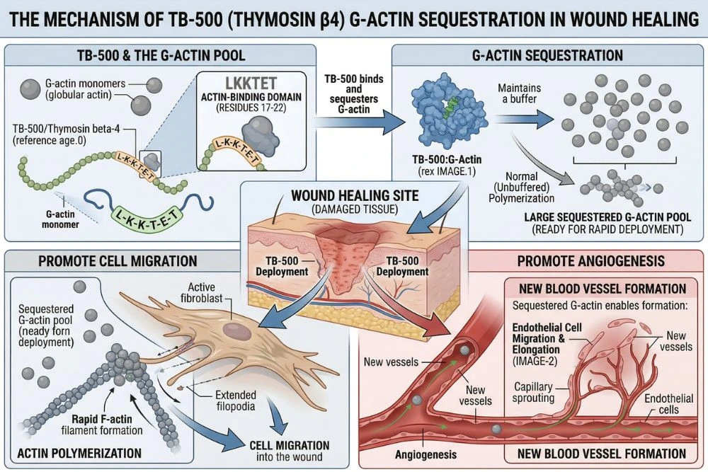 Detailed molecular illustration of TB-500 thymosin beta-4 LKKTET actin-binding domain sequestering G-actin monomers to promote cell migration and angiogenesis during wound healing showing new blood vessel formation in damaged tissue
