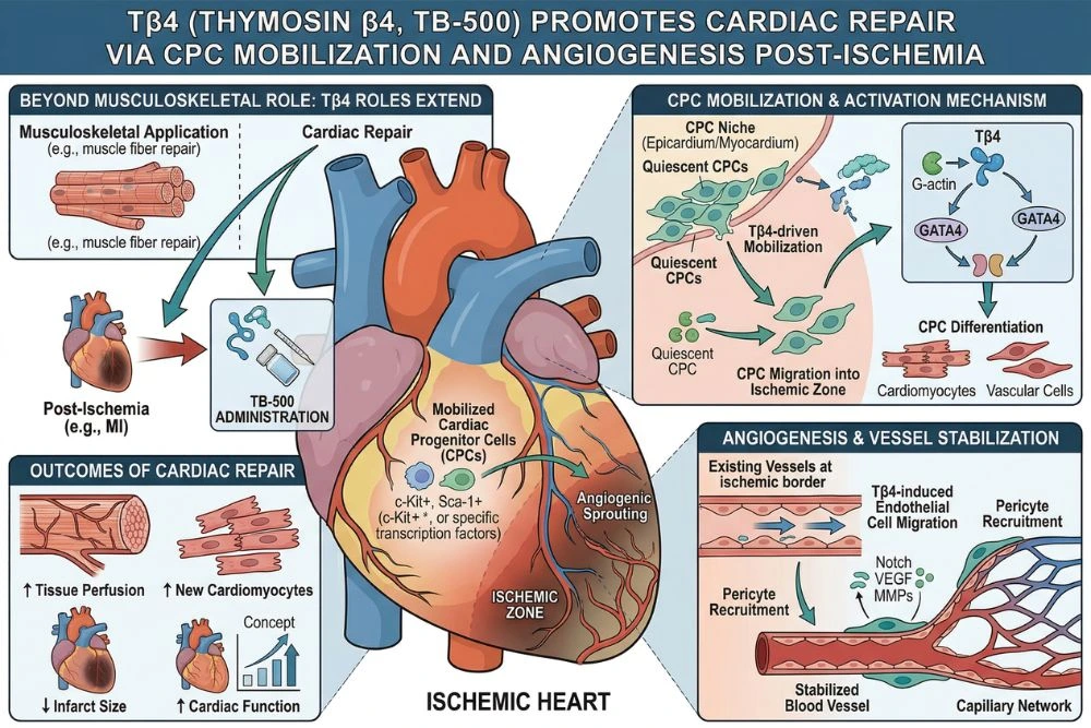 Research illustration showing TB-500 thymosin beta-4 promoting cardiac progenitor cell mobilization and angiogenesis in ischemic heart tissue demonstrating the peptide's role in post-injury repair beyond musculoskeletal applications