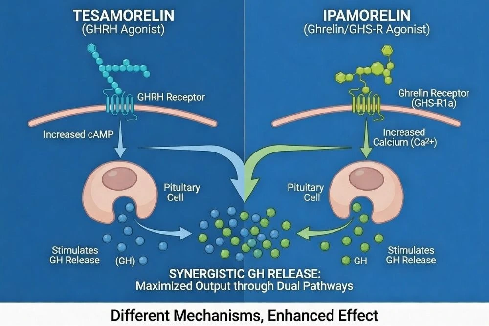 A comparative diagram showing how tesamorelin and ipamorelin work synergistically through different pathways to maximize growth hormone release.