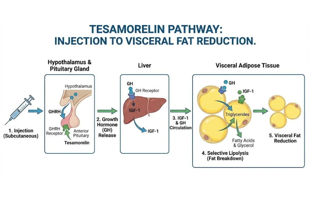 A detailed scientific diagram showing the complete pathway of tesamorelin from injection to visceral fat reduction, including GHRH receptor activation, growth hormone release, IGF-1 elevation, and selective lipolysis.