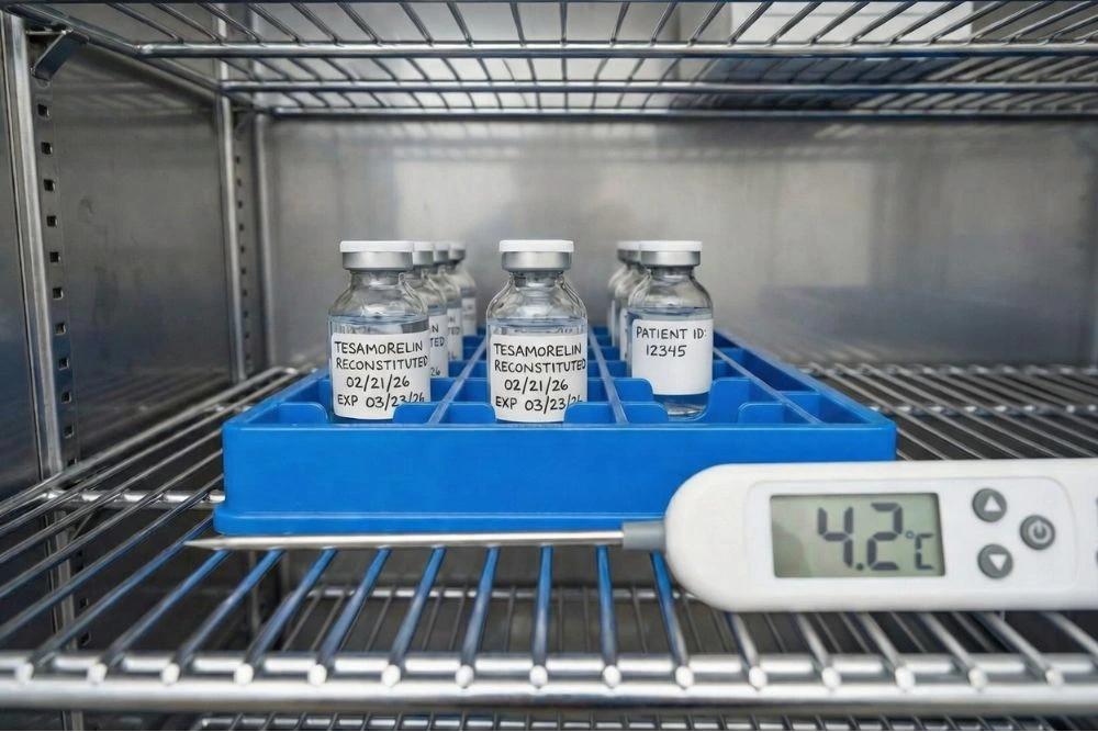 Reconstituted tesamorelin vials stored properly in a temperature-controlled medical refrigerator with clear labeling and dating.