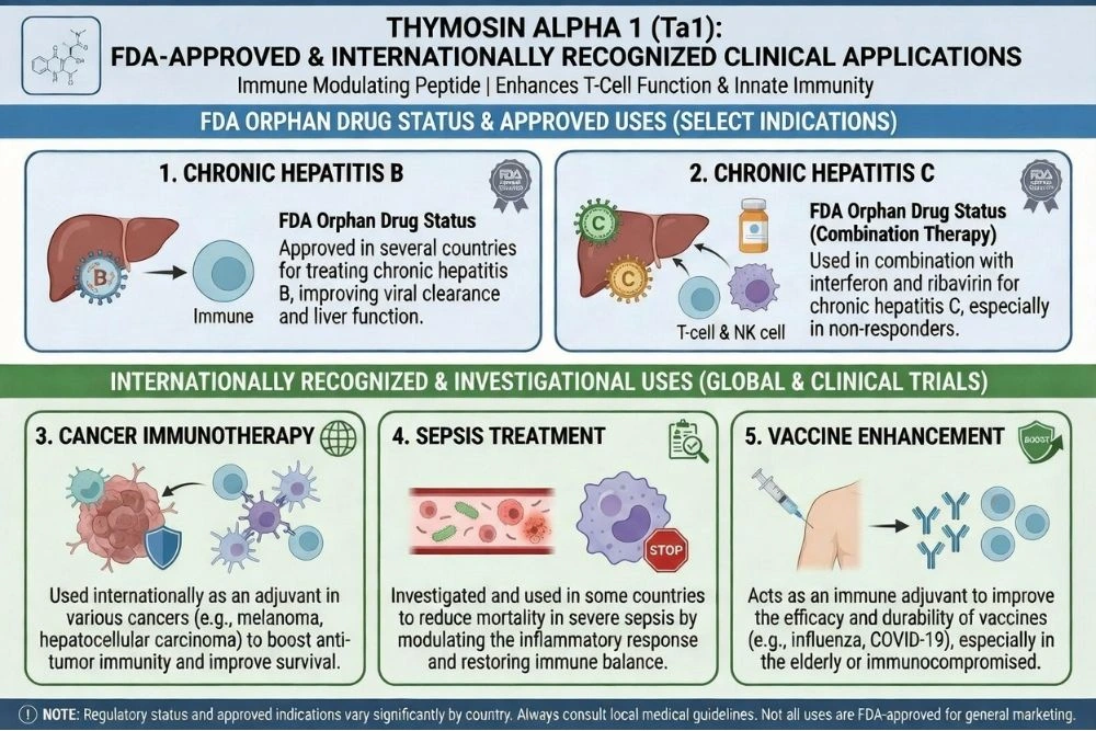 Medical infographic showing FDA-approved and internationally recognized uses of Thymosin Alpha 1 including hepatitis B, hepatitis C, cancer immunotherapy, sepsis treatment, and vaccine enhancement.