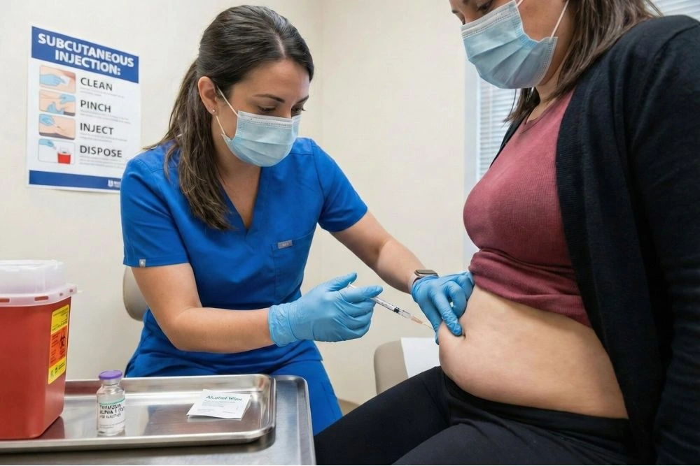 Professional medical setting demonstrating proper subcutaneous injection technique for Thymosin Alpha 1 administration with sterile protocol and safety procedures.