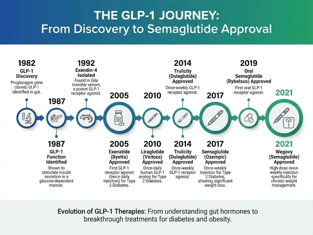 A timeline infographic showing the progression of GLP-1 discovery from 1982 to the approval of Semaglutide in 2021.