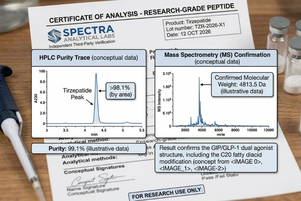 Close-up of a tirzepatide peptide Certificate of Analysis from an independent third-party laboratory showing HPLC chromatography purity trace above 98 percent and mass spectrometry molecular weight confirmation of the tirzepatide GIP GLP-1 dual agonist structure including fatty acid modification for research-grade vendor verification.