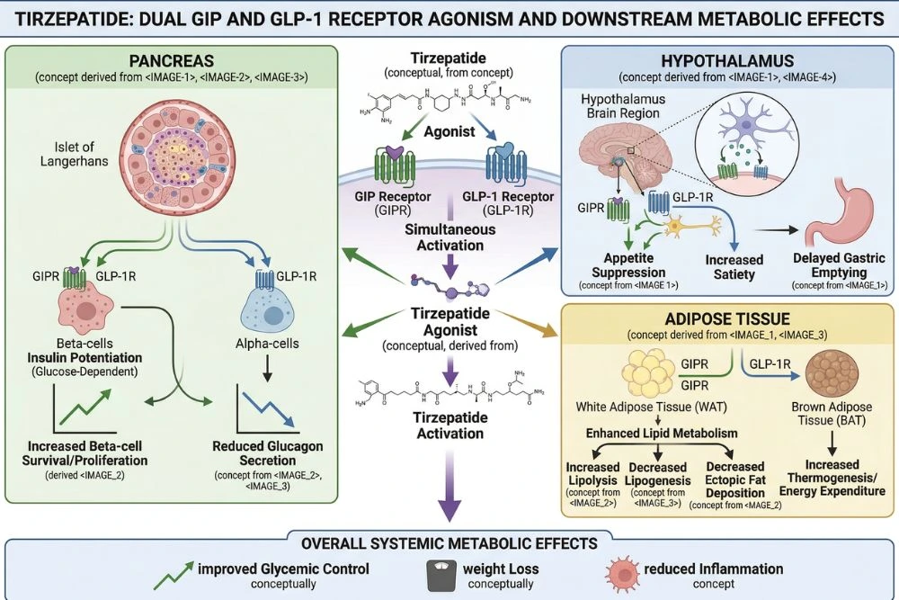 Scientific diagram of tirzepatide's dual receptor agonism mechanism showing simultaneous activation of GIP and GLP-1 receptors in the pancreas, hypothalamus, and adipose tissue, with downstream effects including insulin potentiation, appetite suppression, and enhanced lipid metabolism relevant to metabolic research studies.