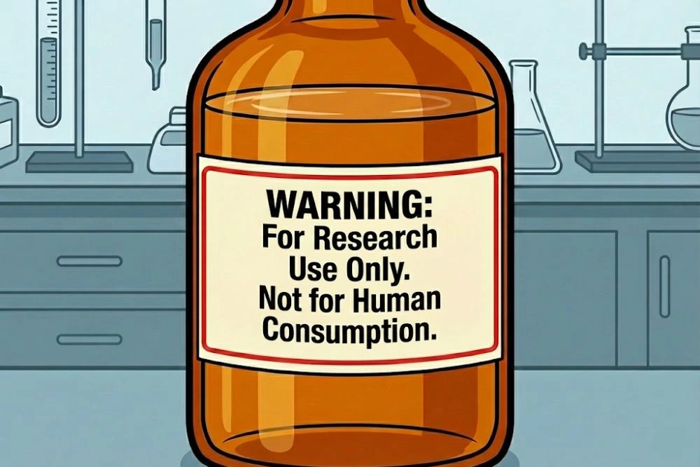 A graphic illustration of a warning label on a chemical bottle reading "WARNING: For Research Use Only. Not for Human Consumption."